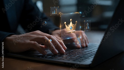 A hand is typing on a laptop, engaging with floating digital icons that symbolize achievement and future success in a modern connected world