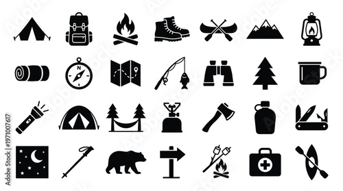 Camping and Outdoor Adventure Icons Set Collection of Symbols for Hiking and Wilderness Exploration