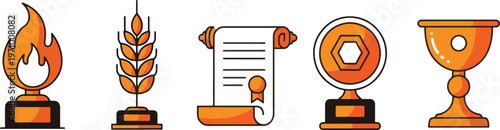 Colorful illustration of five distinct award trophies in a row