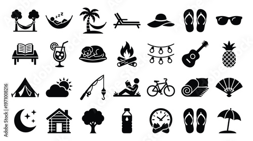 Summer Vacation Icons Collection Relaxing Activities Outdoor Adventures and Travel Symbols