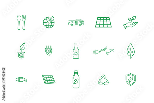 Minimalist eco living sustainable lifestyle icon set.