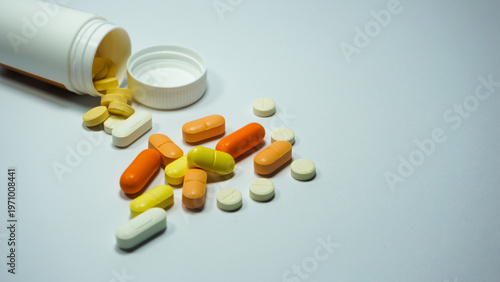 Photos pills and capsules, medical equipment.