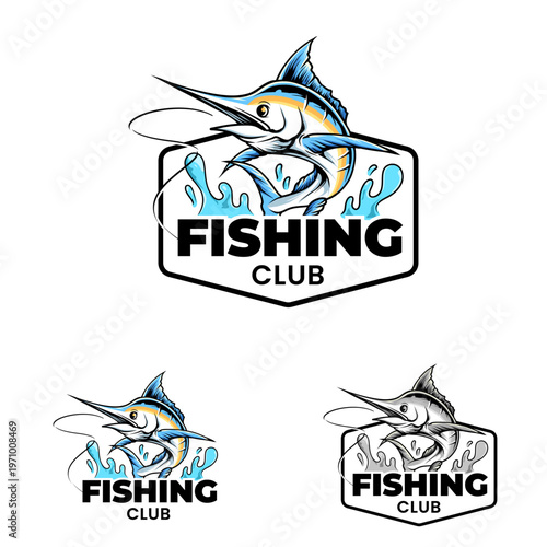 Marlin fishing club logo badge with jumping fish mascot and water splash