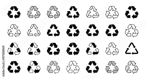 Collection of various recycling and waste symbols in monochrome design