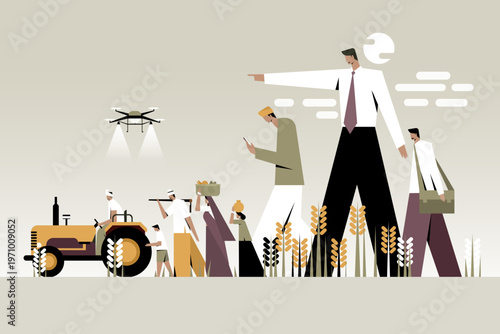 Conceptual illustration of rural farmers working in fields contrasted with a dominant corporate presence symbolising  modernisation of agriculture 