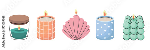 Decorative candle set in modern flat style with colorful shapes and cozy design. Collection of candles for home decor and relaxation themes