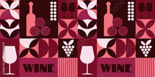 Seamless red wine pattern with geometric mosaic design and traditional winery icons. Modern vector background for packaging and branding