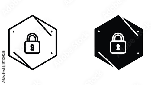 Contrast lock icons within hexagonal frames representing security and privacy themes