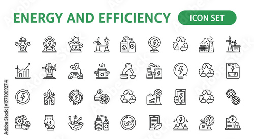 Comprehensive icon set illustrating concepts of energy and efficiency in daily life and industry