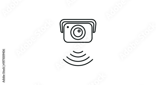 Black and white vector graphic illustration of a camera with signal waves emission design element