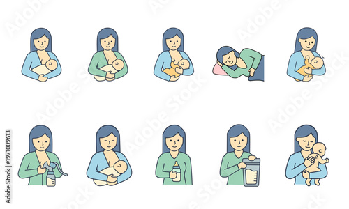 Breastfeeding Positions and Mother Care Cute Flat Vector Icon Set