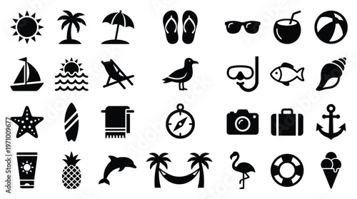 Summer Vacation Icons Collection Beach Holiday Symbols Set