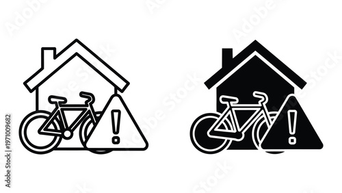 Bicycles parked under house-shaped signs with exclamation marks indicating caution or prohibition