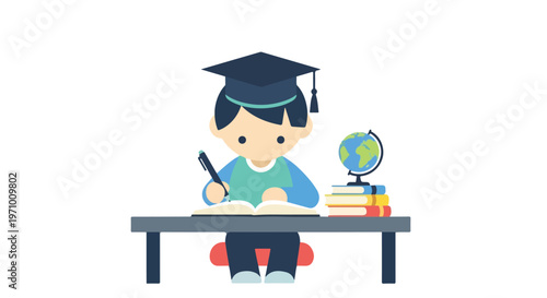 A young student wearing a graduation cap sits at a desk, diligently writing in an open book next to a globe and a stack of books.