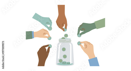 Hands putting coins in jar.