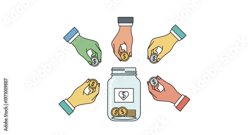 Hands putting coins into charity jar.