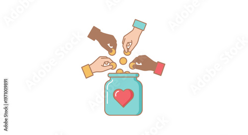 Hands putting coins into heart jar.