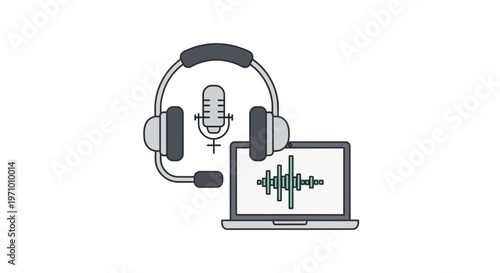 Headphones with microphone and laptop.