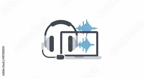 Headphones with sound wave on laptop.