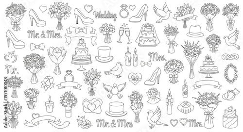 Collection of various floral bouquets and arrangements in line art style.