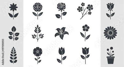 Collection of various flower silhouettes in black and white.