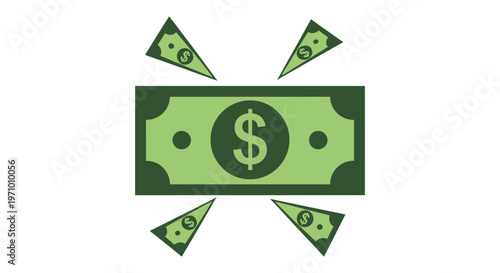 Vector graphic illustration of a dollar bill with smaller dollar bills flying around it