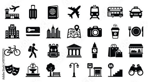 Collection of travel and city icons representing transportation accommodation sightseeing and leisure activities
