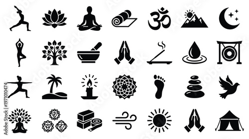 Yoga and Meditation Icons Set Representing Wellness Spirituality and Inner Peace