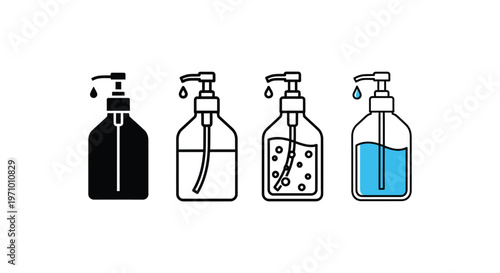 Hand sanitizer bottles in various design styles and liquid levels illustrated