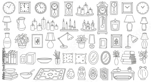 Collection of various clocks, lamps, and decorative objects in a sketch style.