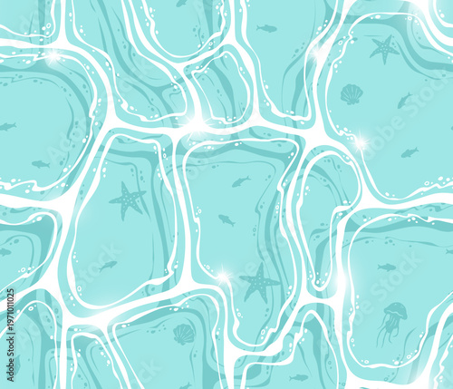 Top down view of clear blue sea water with sparkling ripples and submerged marine life silhouettes, a  illustration for summer backgrounds, vacation themes, or aquatic designs