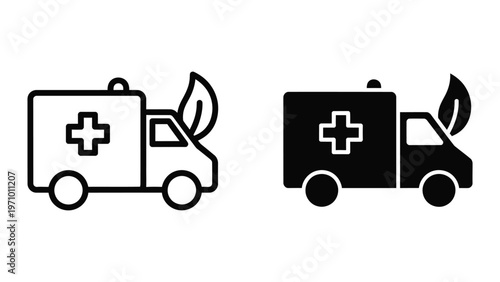 Contrast of eco-friendly and polluting medical emergency vehicles with leaf and flame icons