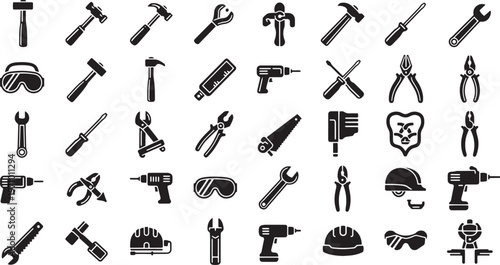 Collection of black silhouette hand tools and safety equipment icons