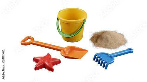 Fényképezés Yellow sand bucket, shovel, rake and starfish mold cutout on transparent backgro