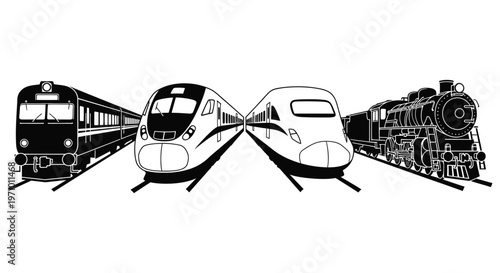 Four different trains are shown side by side on separate tracks in a vector illustration design