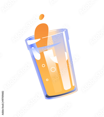 Glass of fresh squeezed orange juice with splash. Cup of sparkling lemonade. Summer refreshing beverage with citrus, iced soft drink with lemon. Flat isolated vector illustration on white background