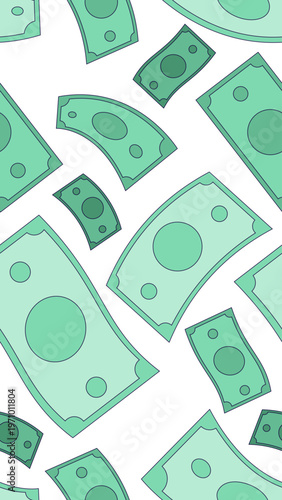 Paper money bills vertical seamless pattern illustration. Payday banknotes. Repeat fill background. Social media overlay for stories and reels. Flat cartoon 2D graphic design. Endless repetition