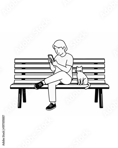 Minimalist line illustration depicting a person absorbed in their smartphone on a park bench, accompanied by a small cat, symbolizing modern daily digital engagement and serene outdoor moments