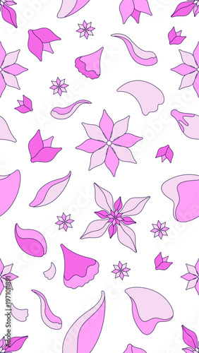 Floral petals vertical seamless pattern illustration. Springtime. Flower bloom. Repeat fill background. Social media overlay for stories and reels. Flat cartoon 2D graphic design. Endless repetition