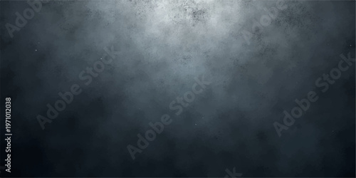 A dark vintage grunge metal wall texture featuring a gray pattern of smoke and steam against a black night sky backdrop with dim light hitting the old surface
