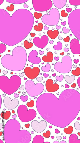 Love hearts vertical seamless pattern illustration. Romance Valentines affection. Repeat fill background. Social media overlay for stories and reels. Flat cartoon 2D graphic design. Endless repetition