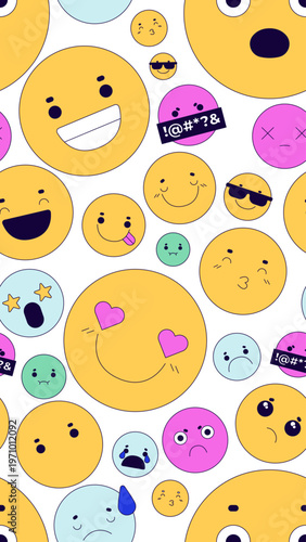 Cute emojis vertical seamless pattern illustration. Various emoticon expressions. Repeat fill background. Social media overlay for stories and reels. Flat cartoon 2D graphic design. Endless repetition