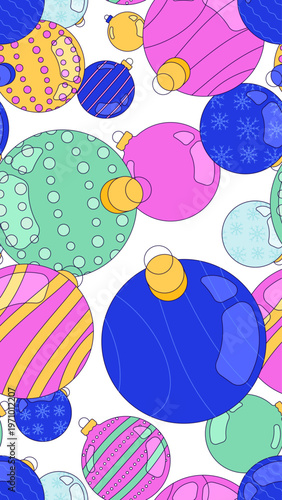 Christmas ornaments vertical seamless pattern illustration. Xmas holiday baubles. Repeat fill background. Social media overlay for stories and reels. Flat cartoon 2D graphic design. Endless repetition