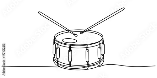 A single continuous line drawing of a snare drum with two drumsticks resting on the drum head Vector, illustration