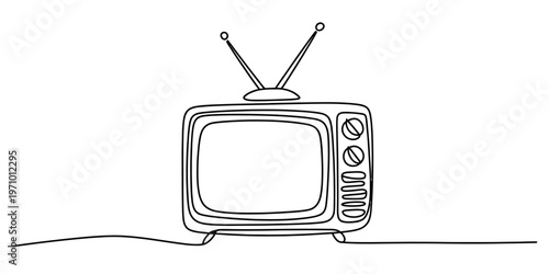 A simple black and white line drawing of a vintage television set with two antennas on the top. Vector, illustration