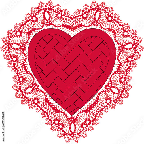 Red Lace Heart Vector Illustration with Intricate Filigree Border and Weave Texture for Romantic Wedding Invitation and Valentine’s Day Design.