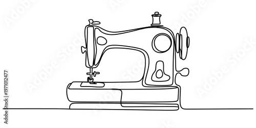 A minimalist single line drawing illustration of a classic sewing machine on white background Vector, illustration