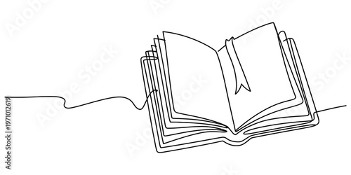 Minimalist single continuous line drawing of an open book with a bookmark on a plain white background Vector, illustration