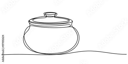 A minimalist single line drawing of a kitchen pot with a lid resting on a flat surface in black Vector, illustration