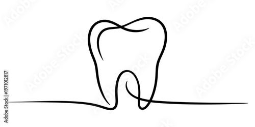 Minimalist single continuous line drawing of a human tooth silhouette on a plain white background Vector, illustration